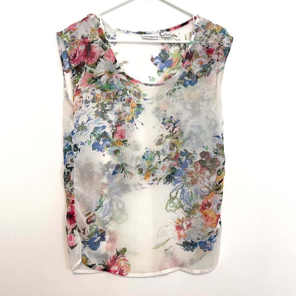 LIZ CLAIBORNE White / Cream ? Blue Pink Multi Watercolor Floral Sheer Blouse Top